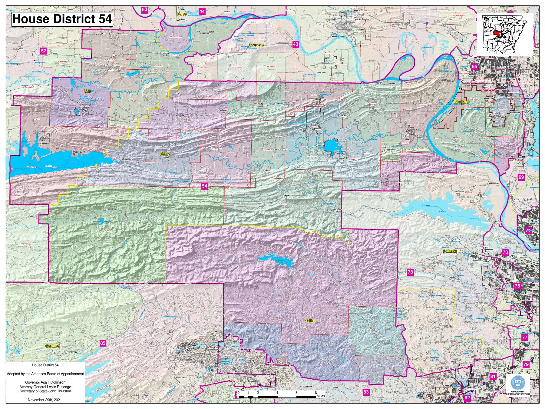 Official map of Arkansas House District 54 and the surrounding area